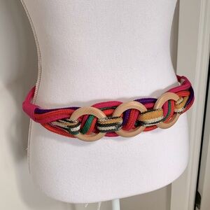 Prima Collezione Vintage Woven Fabric Wooden Rings Stretch Belt Multi-color Pink